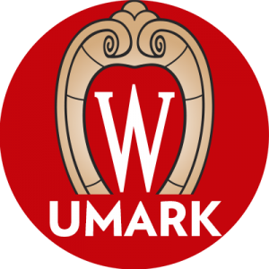 Circle icon with UW-Madison crest on red background with word