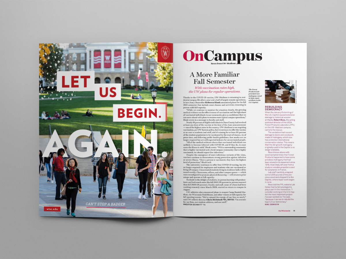 Photo of "Let us begin. Again." ad in layout featuring Bascom Hill