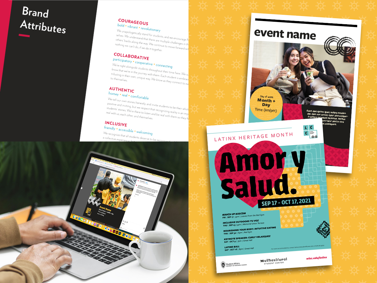 Photos of two event flyers, a laptop, and a screenshot of a brand attributes page