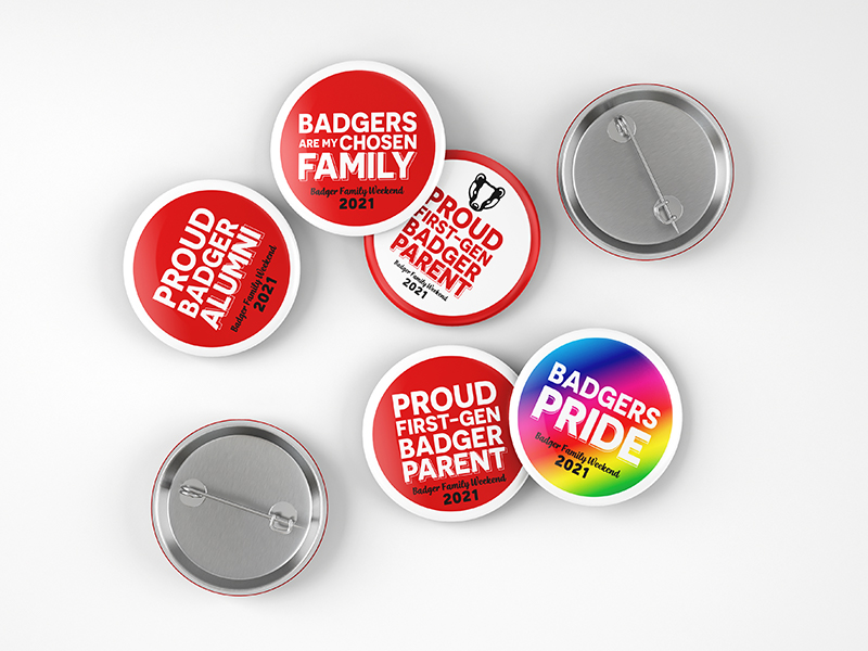 Photo of five buttons designed for Parent Weekend