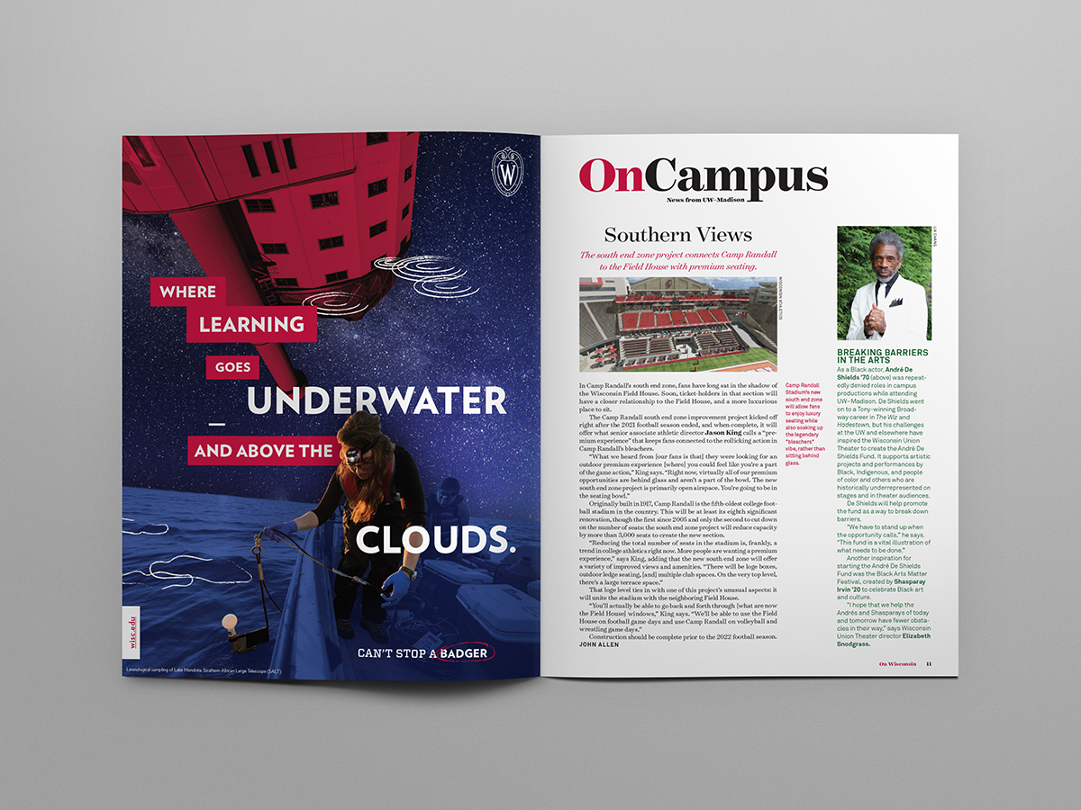 Magazine two-page mockup with institutional ad on left-page