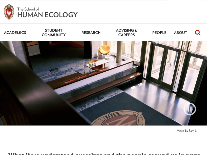 Screen shot of the School of Human Ecology home page featuring a full-width video