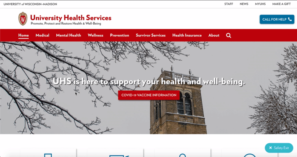 Animated GIF of University Health Services website