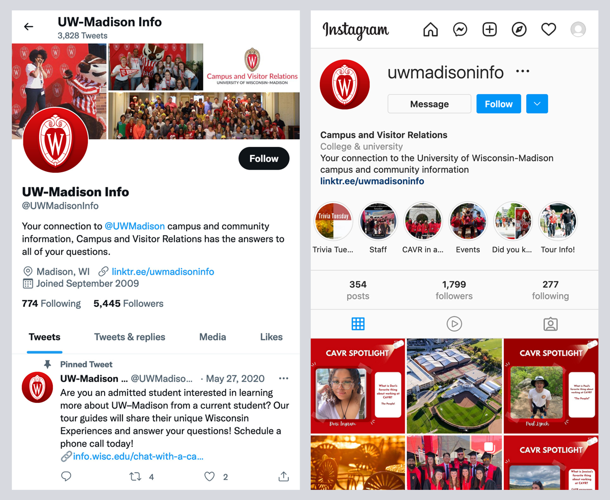 Side by side screen shots of UW–Madison Info social account pages on Instagram and Twitter, showing the account name, bio, and branded avatar using the UW–Madison crest