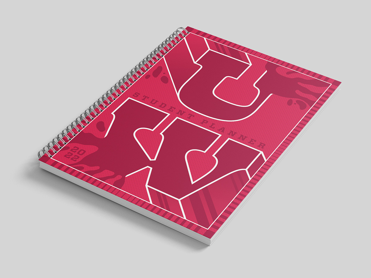 Photo mockup of student planner with cover visible