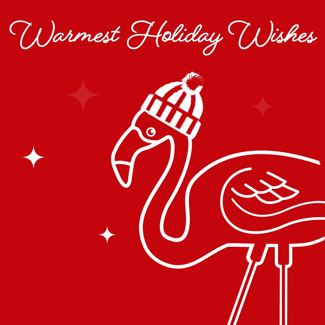 Animated image featuring a white on red background line drawing of a flamingo wearing a winter hat with blinking stars and text that reads 