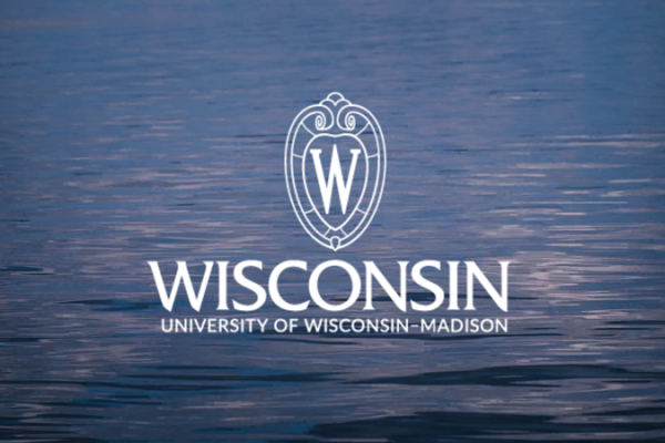 White UW Madison logo over a rippling water background
