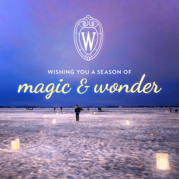 Animated photo showing people on a frozen Lake Mendota during dusk surrounded by flickering ice lanterns. The University of Wisconsin Madison crest is superimposed along with text that reads 
