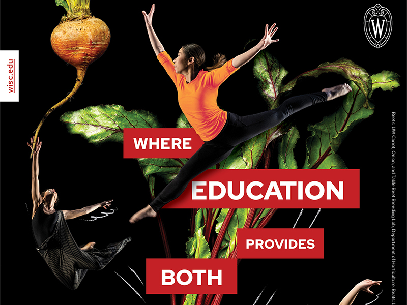 Photo collage of dancers jumping to grab an orange beet. Text reads "Where education provides both..."