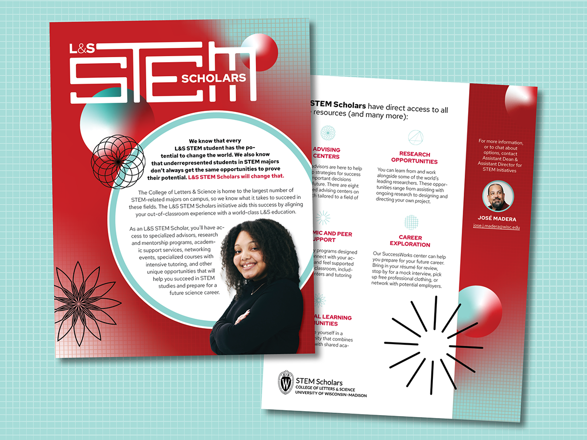 Front and back of single-sheet informational flier for L&S STEM Scholars