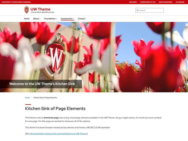 Screenshot of the top of the Kitchen Sink page of the UW Theme website.