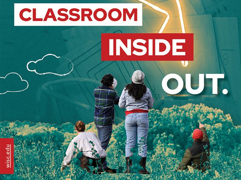 Four people photographed from behind looking out with one person pointing. Text in image is cropped to read "Classroom inside Out."