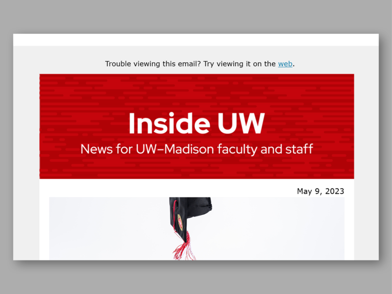 An e-newsletter banner containing a red graphic background overlaid with a white text header