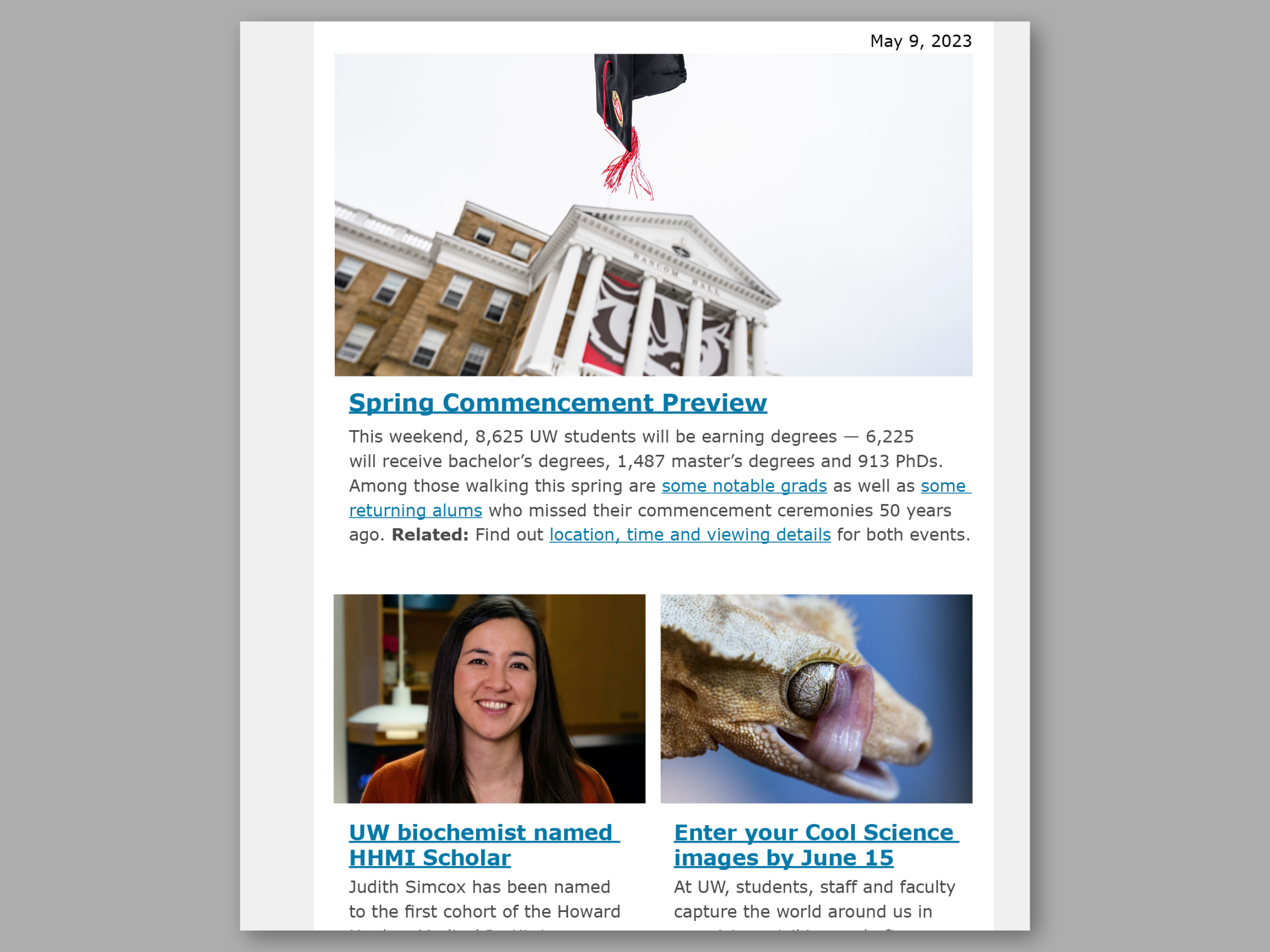 An e-newsletter body featuring three content areas each containing an image, linked header, and copy