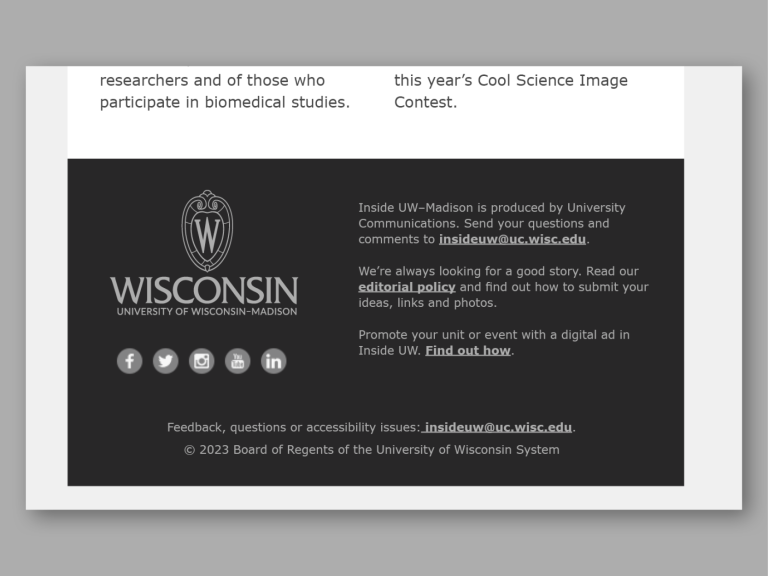 An e-newsletter footer containing UW–Madison's logo, social media icons, and copy describing the newsletter, story and ad submission information, and contact details