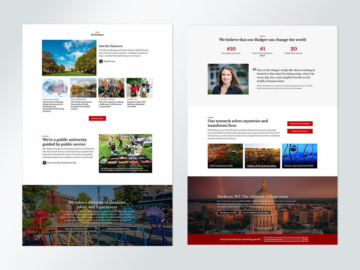 Two screenshots of sections of the UW–Madison home page.