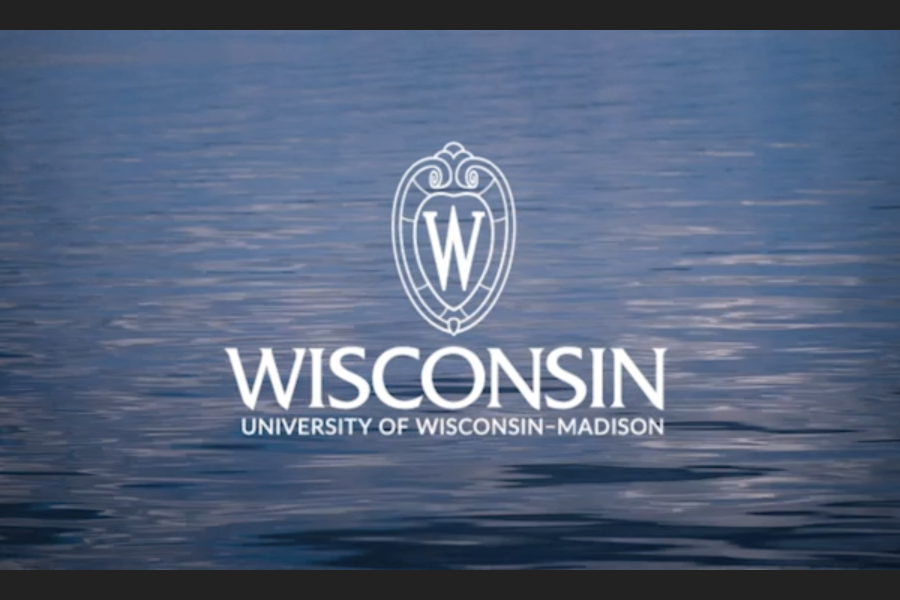 Video still of the white outline UW–Madison logo over an image of water ripples on the surface of Lake Mendota