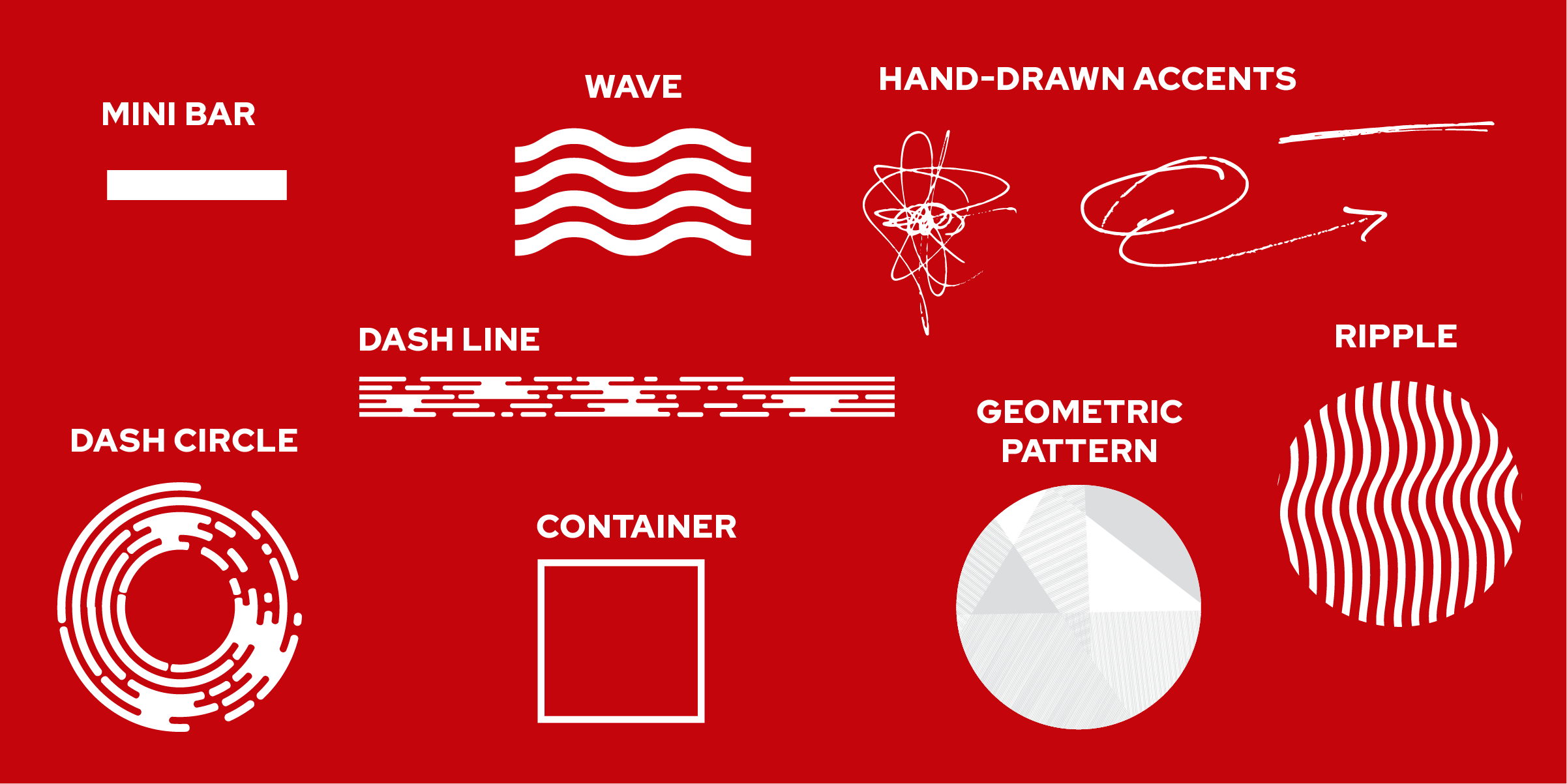 Various examples of brand graphic elements on a red background.
