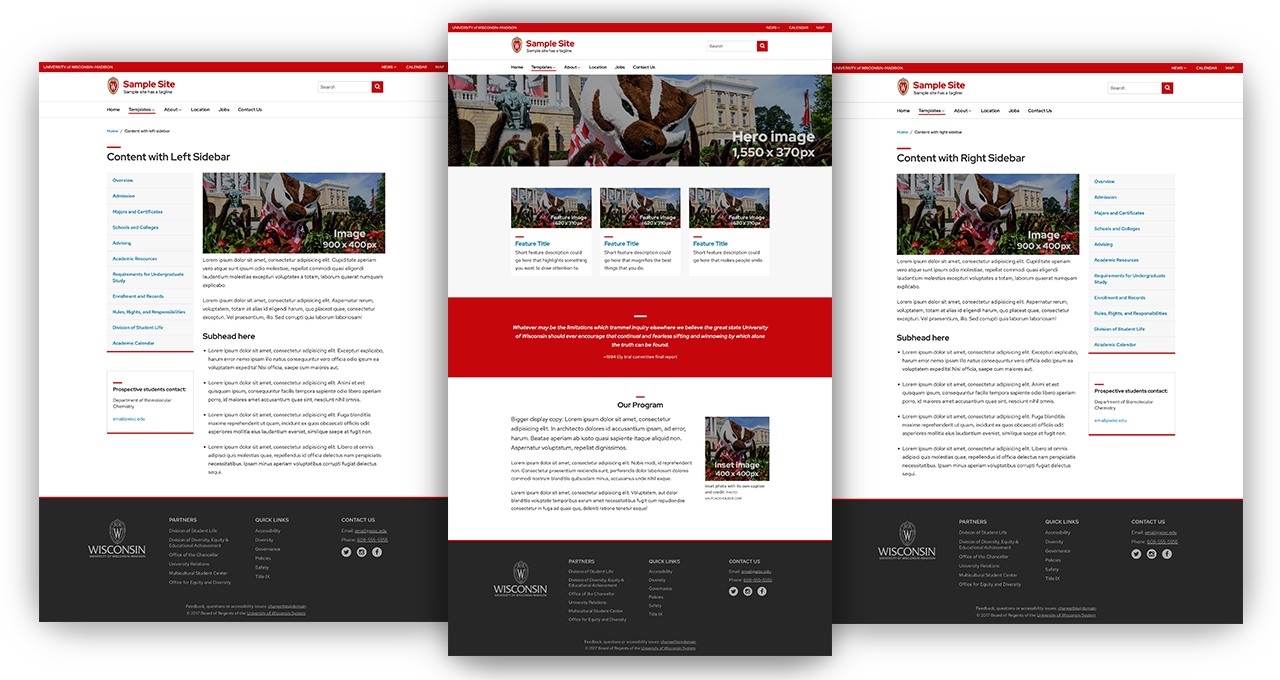 Three screenshots of UW branded HTML web page templates