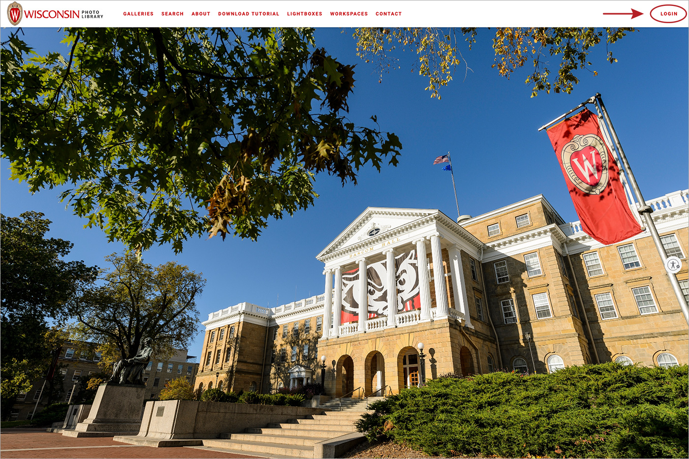 The homepage of PhotoShelter, the Office of Strategic Communication's photo library, depicting a photo of Bascom Hall.