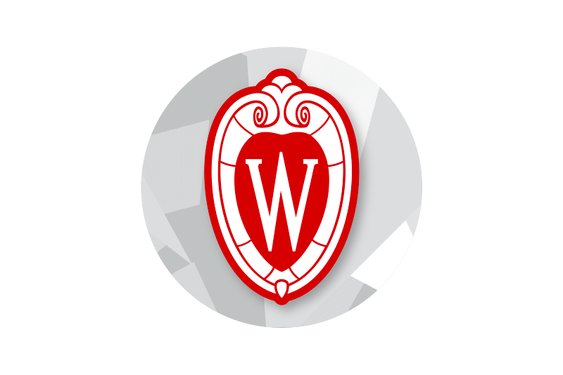 Circular social avatar featuring UW crest on light gray geometric background