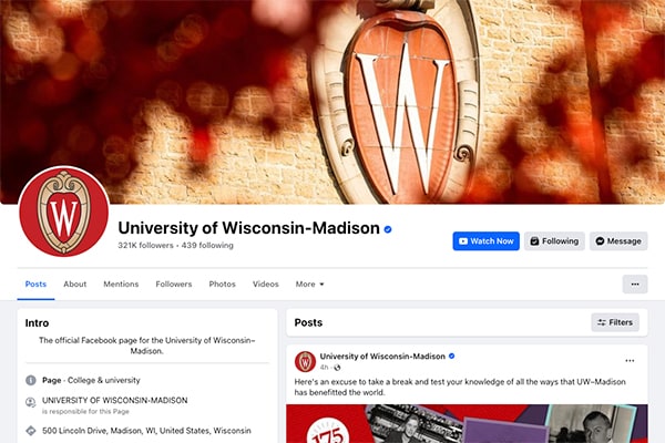 UW–Madison’s Facebook page with branded avatar.