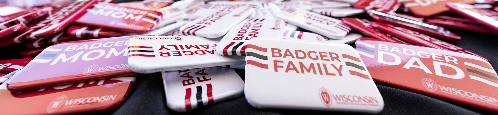 Assorted branded buttons with "Badger Family" printed on them
