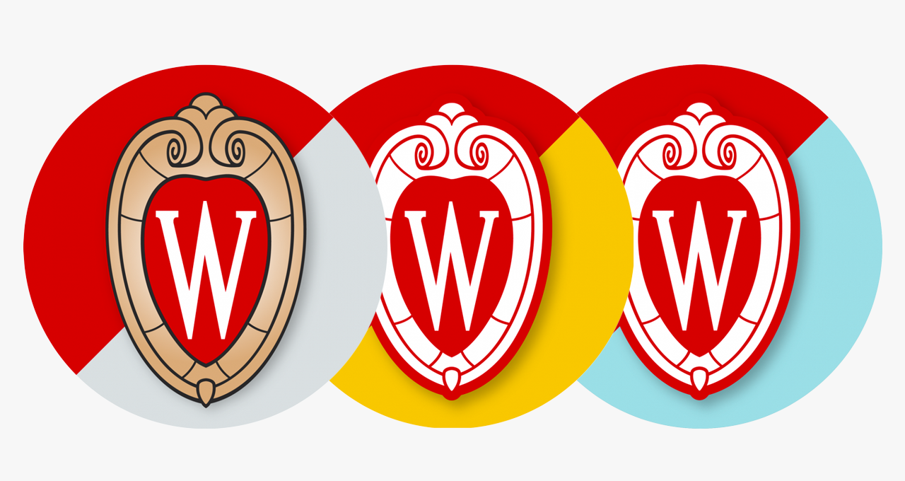 Three circular social avatars featuring the full color UW crest atop different bicolor backgrounds