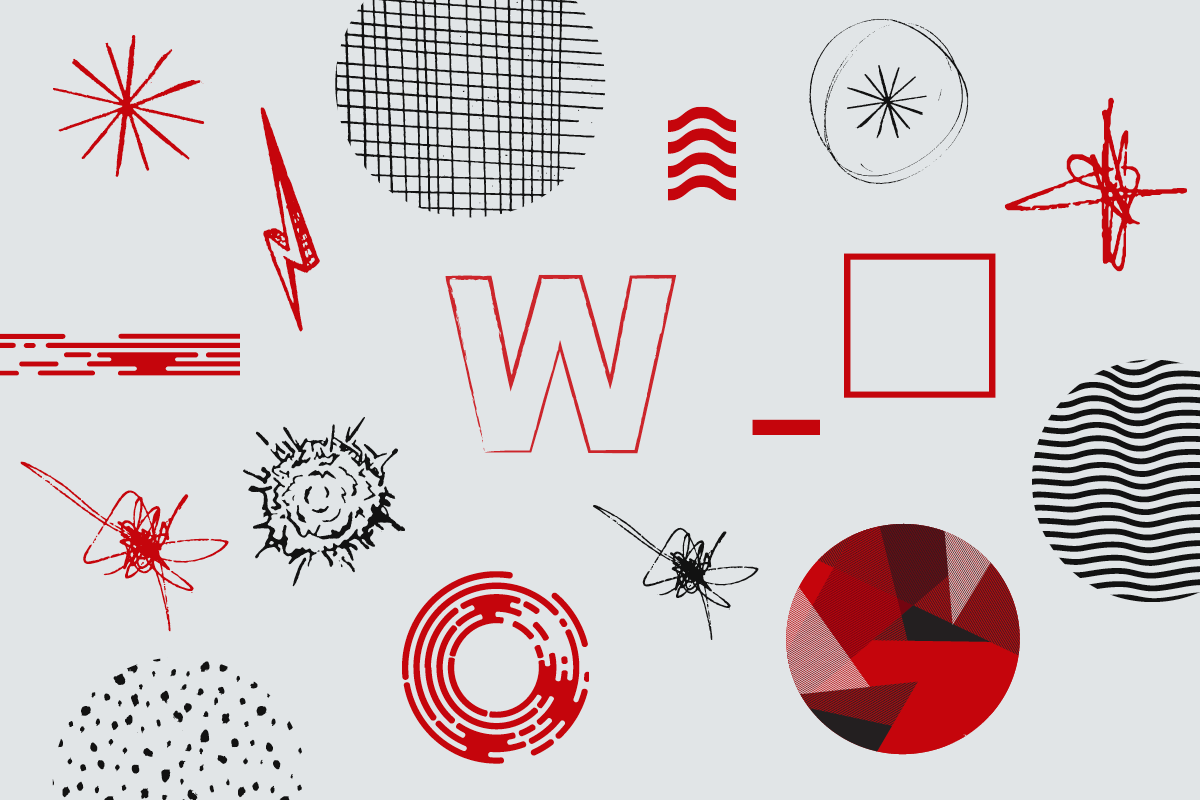 Variety of graphic elements on light gray background.