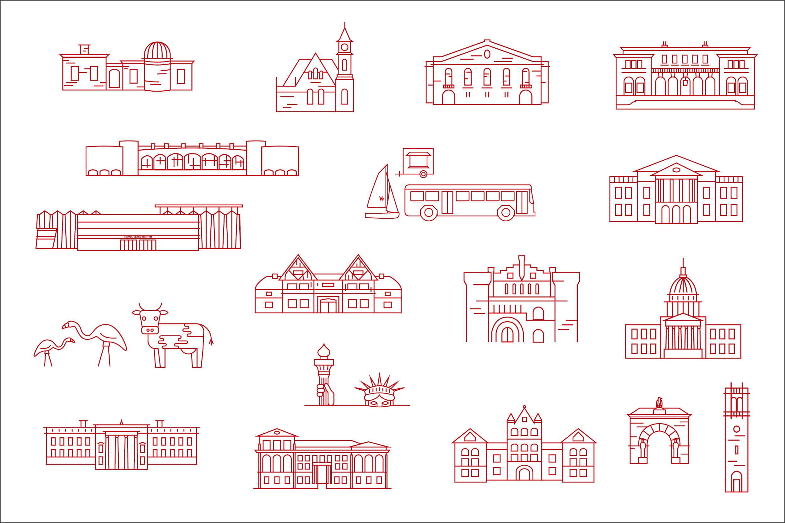 A variety of red icons of landmarks on the UW–Madison campus