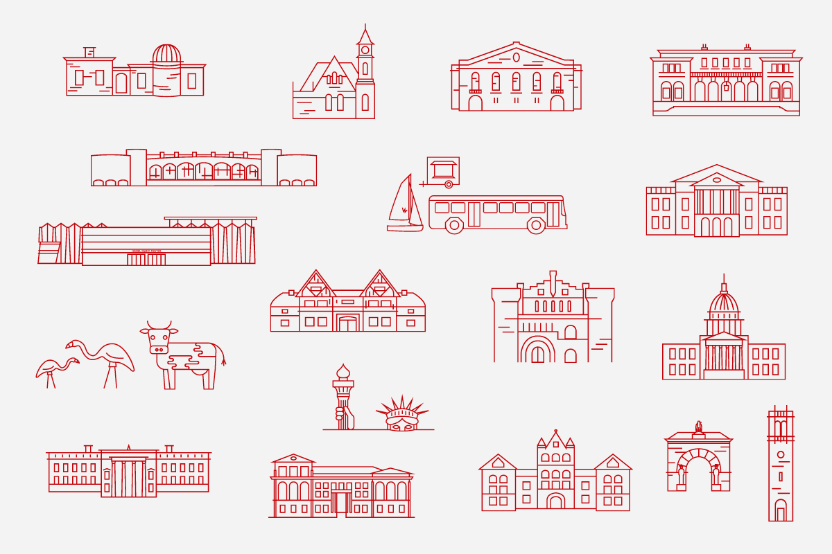 A variety of red icons of landmarks on the UW–Madison campus