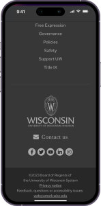 Mockup of the www.wisc.edu homepage footer on an iPhone showing the UW logo and accessibility and copyright statements