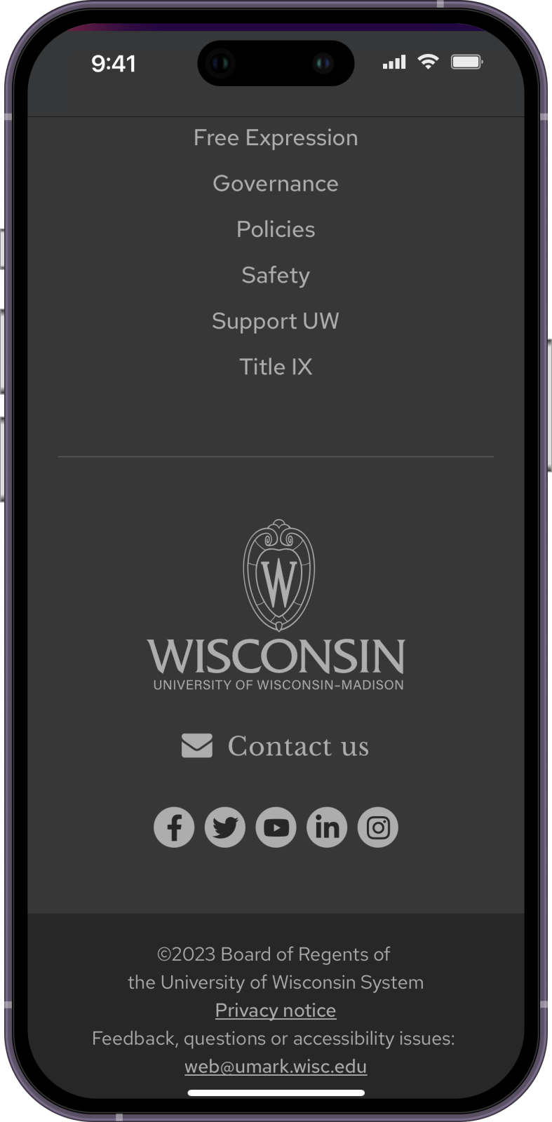 Mockup of the www.wisc.edu homepage footer on an iPhone showing the UW logo and accessibility and copyright statements