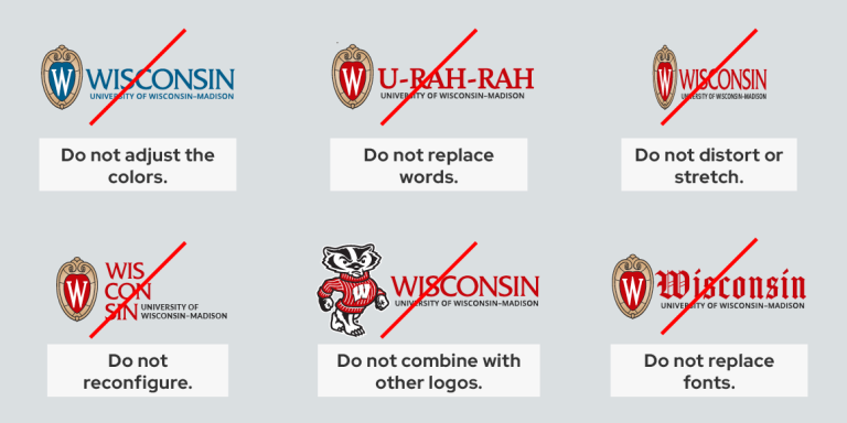 Examples showing misuse of the UW–Madison logo.
