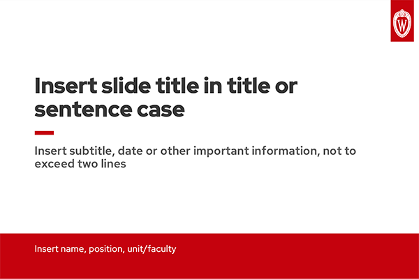 Screen shot of one of the templates from the UW-Madison Text-Heavy PowerPoint templates featuring a crest in the upper right, red mini bar mid-page, and red band at the bottom.
