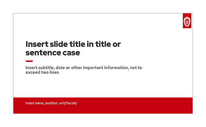 Screen shot of one of the templates from the UW-Madison Text-Heavy PowerPoint templates featuring a crest in the upper right, red mini bar mid-page, and red band at the bottom.