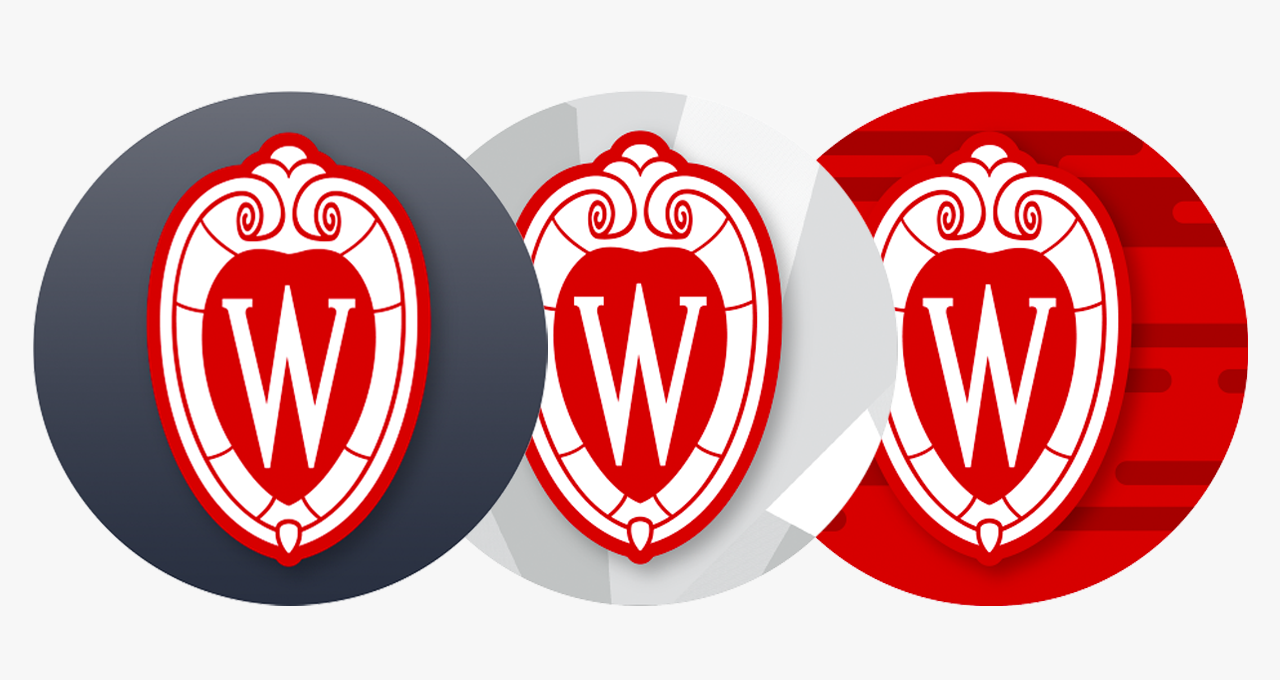 Three circular social avatars displaying the UW crest atop different patterned backgrounds