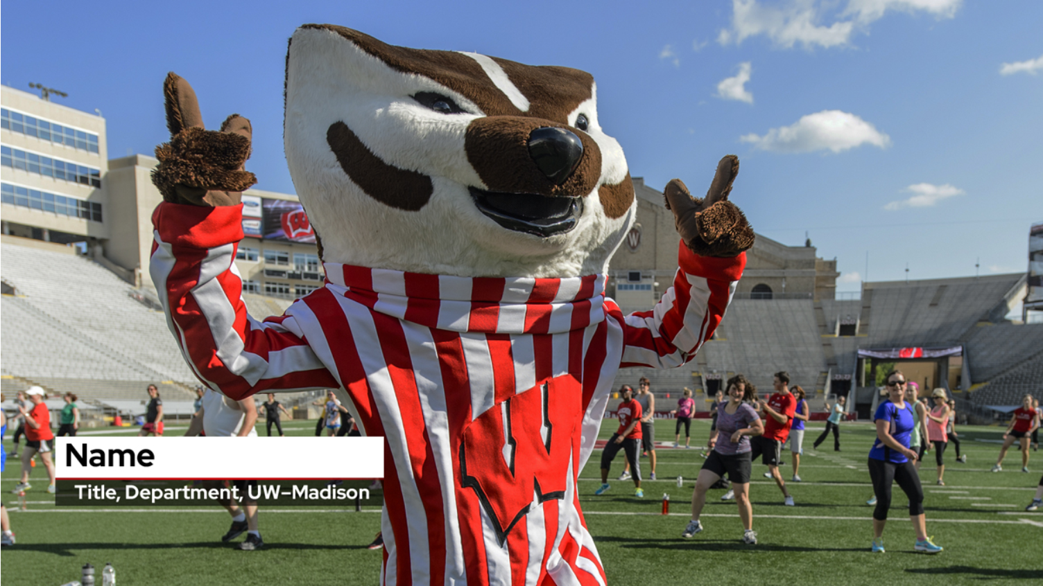 Video still featuring Bucky Badger and a lower third text graphic that reads "Buckingham U. Badger, UW–Madison’s famous mascot"