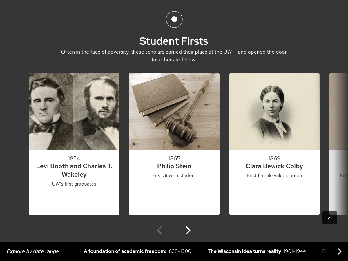 A section of the timeline with the heading Student Firsts followed by some of the UW's first graduates and other notable students.