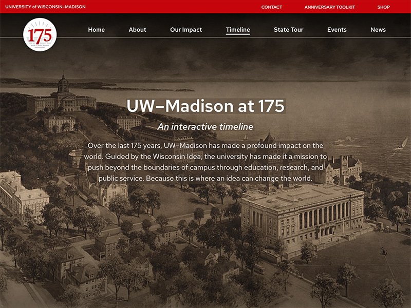 The top of UW–Madison's timeline page, which shows an archival photo-illustration of Bascom Hill and the surrounding area, with Lake Mendota and Picnic Point in the background.