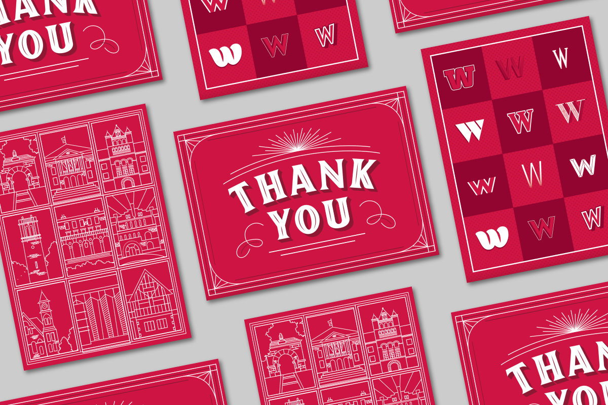 A collage of UW–branded notecards with three different designs.