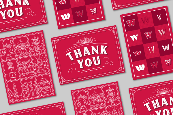 A collage of UW–branded notecards with three different designs.
