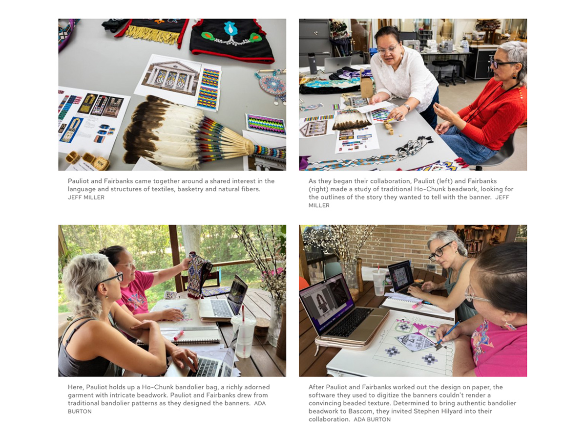 A screenshot from the Seed by Seed website showing four images of Pauliot and Fairbanks designing the banners. Surrounding them are drawings, textiles and beadwork.