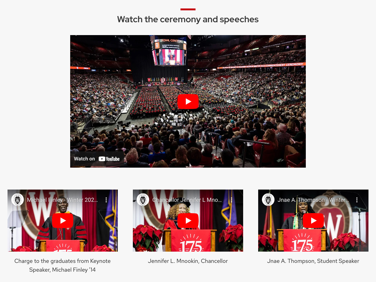 A section of the Commencement website which present the options to watch the entire ceremony, the keynote speaker Michael Finley, Chancellor Mnookin's remarks, or the student speaker, Jnae A. Thompson.