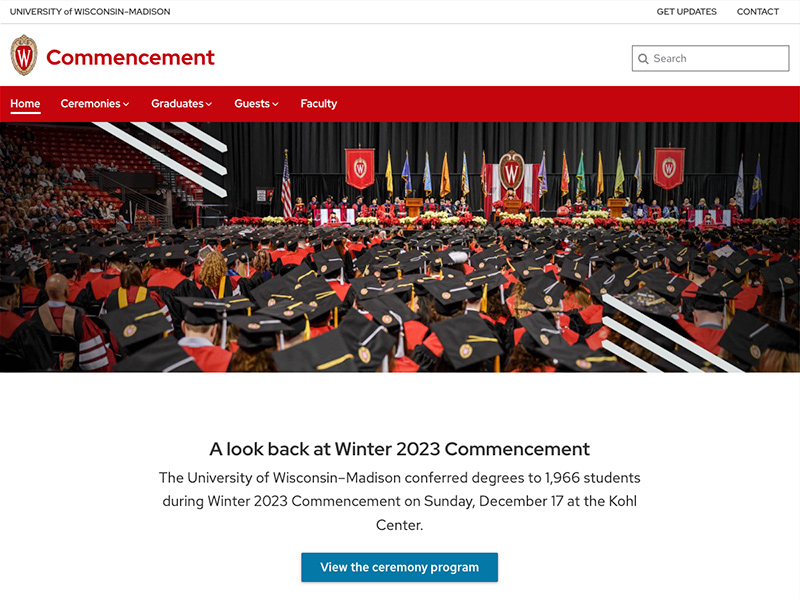 A screenshot of UW–Madison's Commencement homepage from January, which shows a large photo of students at Commencement and the option to learn more about the recent winter commencement.