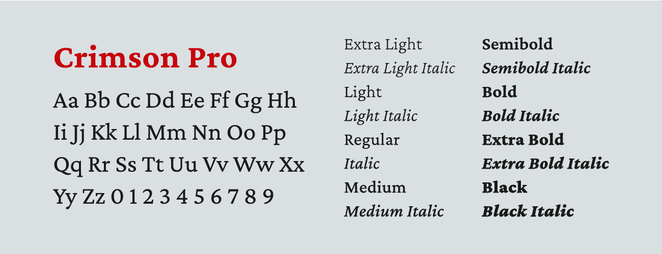 Type specimen of Crimson Pro font