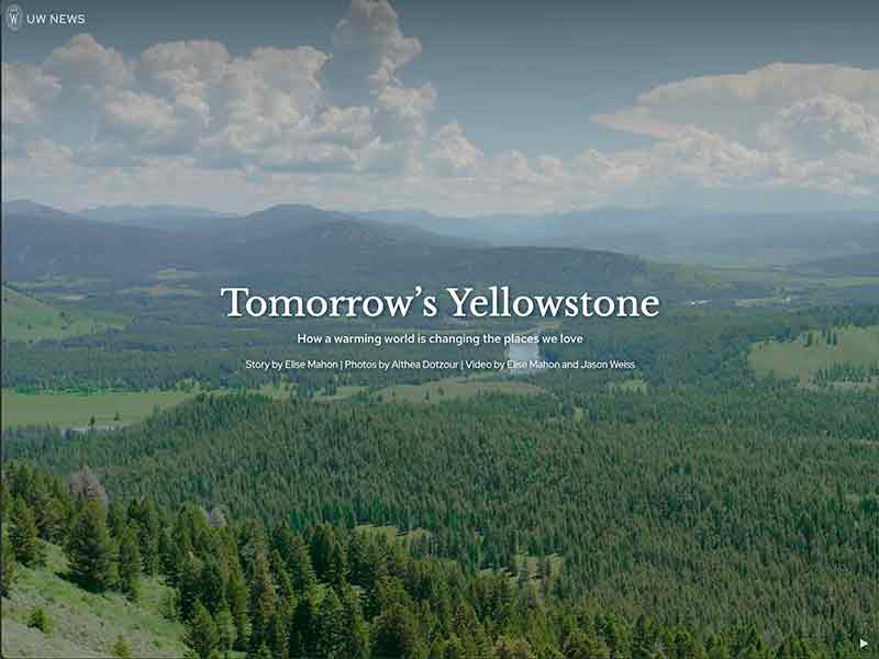 Screenshot of a UW News website featuring an image of water, grasses, trees and mountains in Yellowstone National Park with text reading ’Tomorrow’s Yellowstone‘.