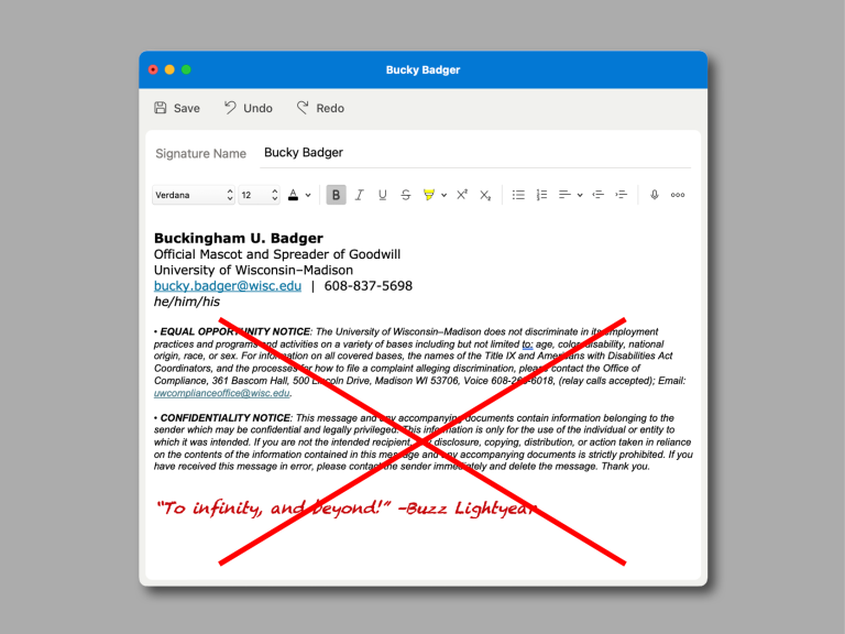 Sample email with a large red X indicating not to include bullets, boilerplate language, legal statements and quotes.