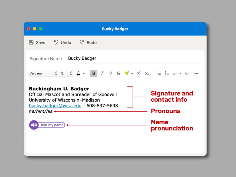 Email sample featuring email signature that includes name, contact information, pronouns and link to name pronunciation app.