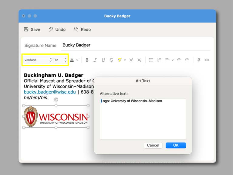 Email sample highlighting email accessibility including use of Verdana font at 12px and entering alternative text for the University of Wisconsin logo.